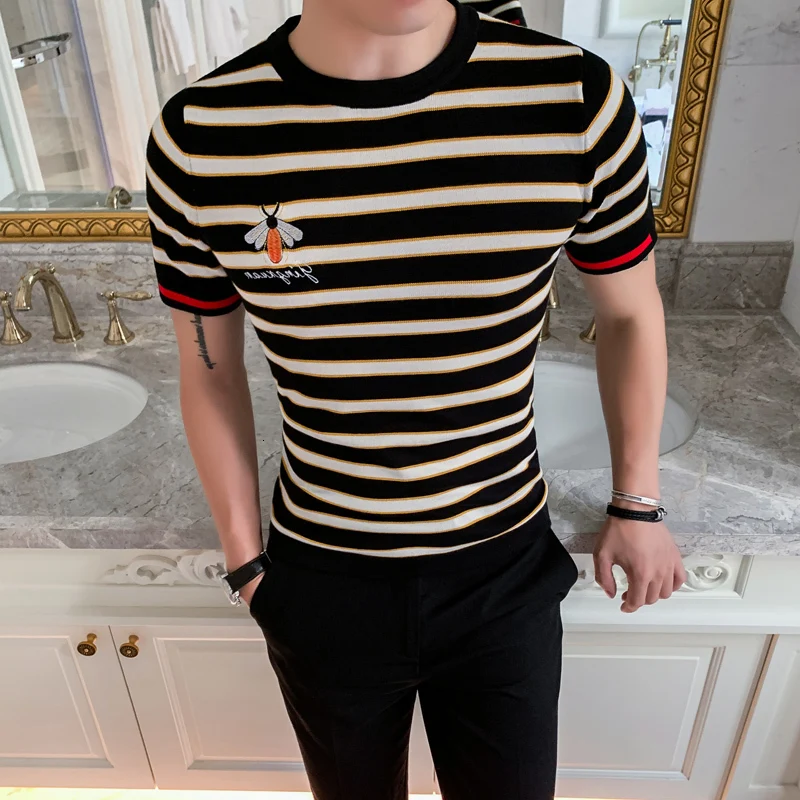 

Knitting Stripe Round Neck Tee Homme Camiseta Masculina Summer Top Streetwear Social Club Outfits Slim Fit T Shirt Men