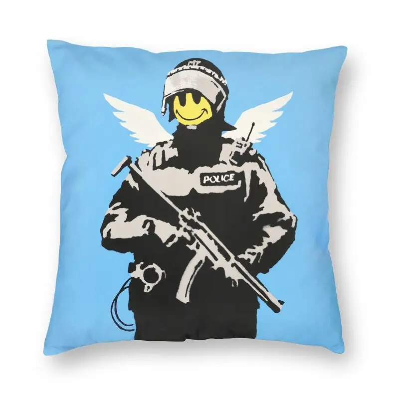 Flying Copper Banksy's Painting Cushion Cover 45x45cm Home Decor Printing Pop Art Throw Pillow Case for Living Room Two Side