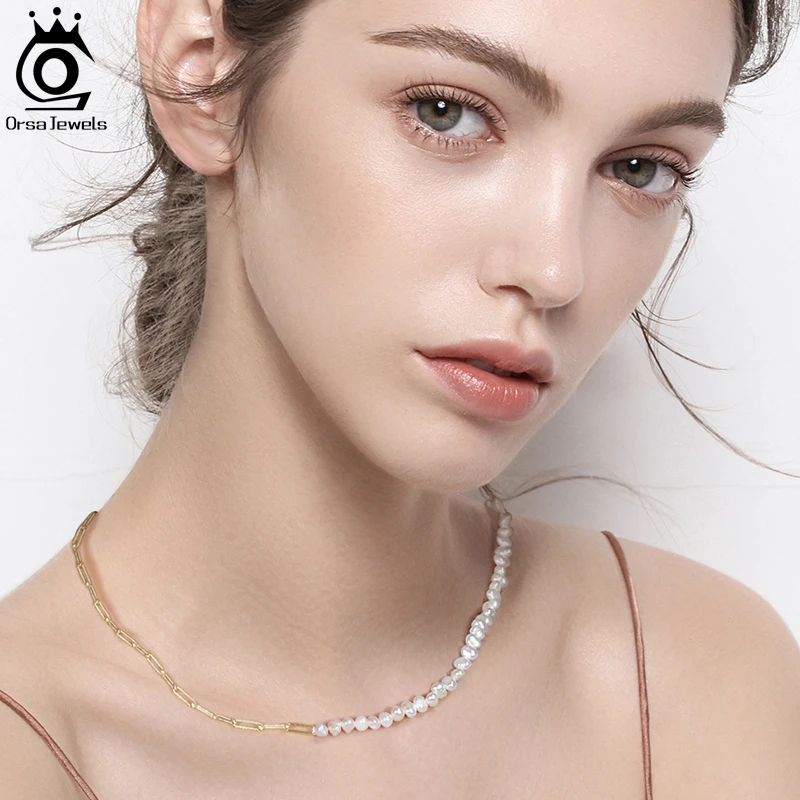 ORSA JEWELS Unique 925 Silver Paper Clip Chain Pearl Choker Necklace Vintage Chunky Link Necklace for Women Chain Jewelry GPN13