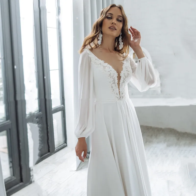 Boho Chiffon Wedding Dress Women High Split Long Puff Sleeve V-Neck Lace Beach Bridal Gown Sweep Train Bohemian Vestido De Novia