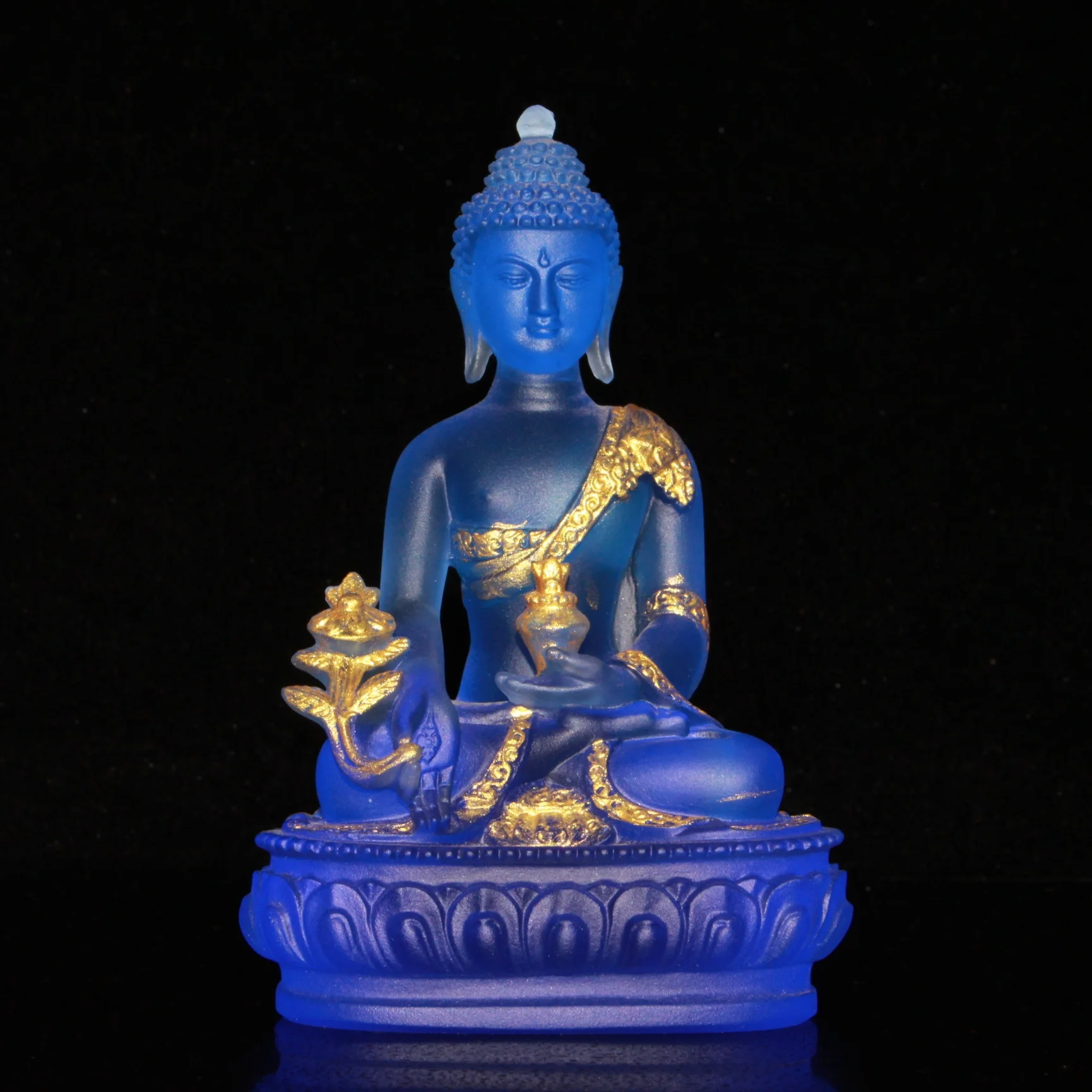 

Tibet Buddhism Blue Liuli Glaze Glass Gild Handmade Medicine Buddha Buddha Statue