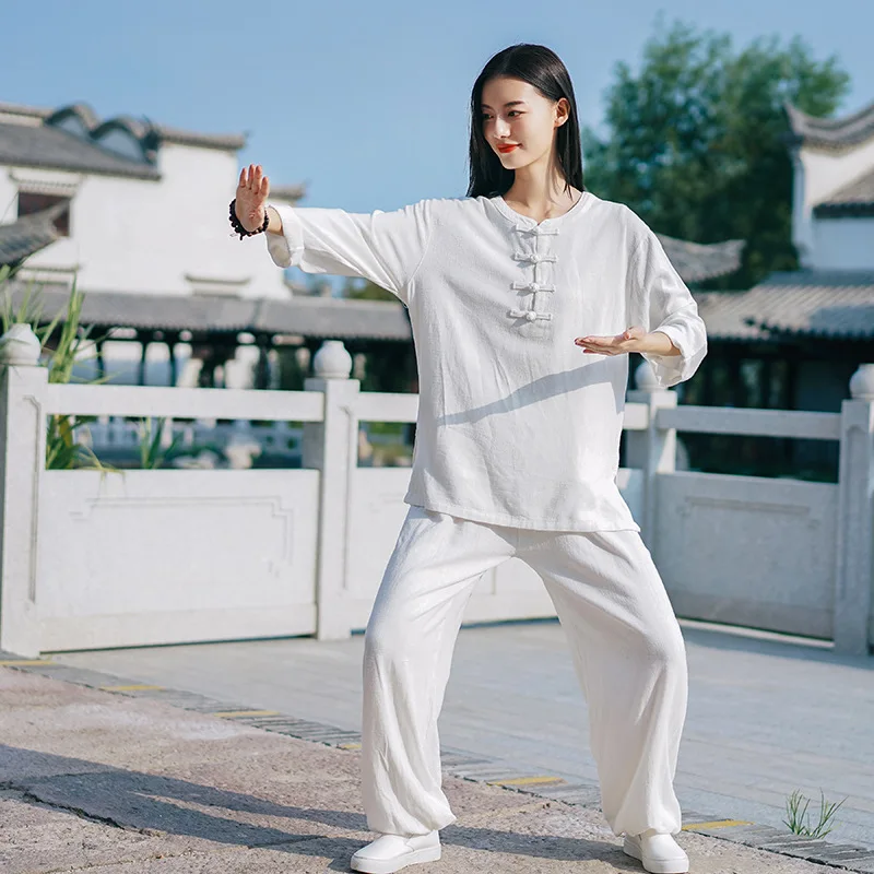 Pantaloni da camicetta di lino retrò da donna in stile cinese Kung Fu Tang Suit Tai Chi Wing Chun uniforme per arti marziali top Set di abbigliamento orientale