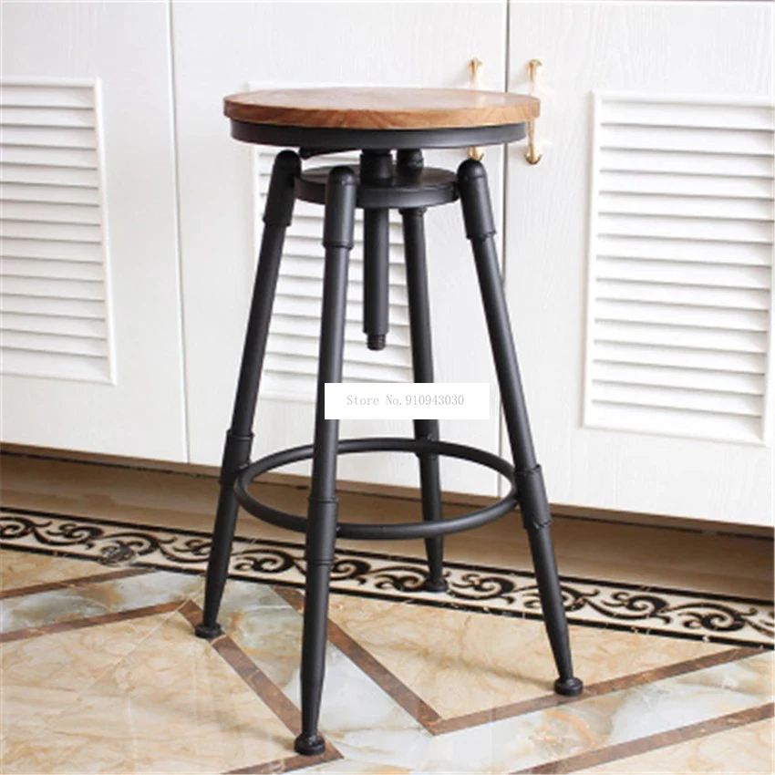 Retro American Country Style Swivel Bar Chair Stool Iron Art Wood/Soft Cushion Seat High Footstool Rotatable Liftable Bar Chair