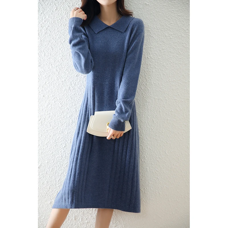 

Autumn And Winter New Ladies Lapel Cashmere Knit Mid-Length Style High-End Dress Pure Wool Chic Base Sweater Skirt Loose Fashion