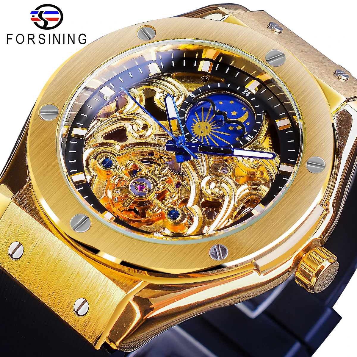 Forsining Royal Style Tourbillon Automatic Wristwatch Luxury Skeleton Mechanical Men Watch Silicone Strap Moon Pash Display Dial