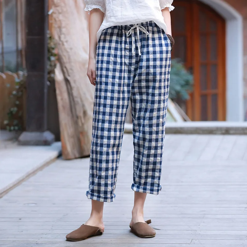 

LZJN Women Plaid Check Elastic Waist Cotton Linen Harem Pants Pockets Loose Palazzo Woman Summer Pantalon Cropped Check Pants