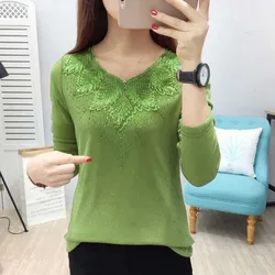 Camisa de encaje con cuello en V para mujer, Blusa de manga larga con abalorios, Top cálido a la moda para oficina, blusa de talla grande para primavera y otoño, 2020