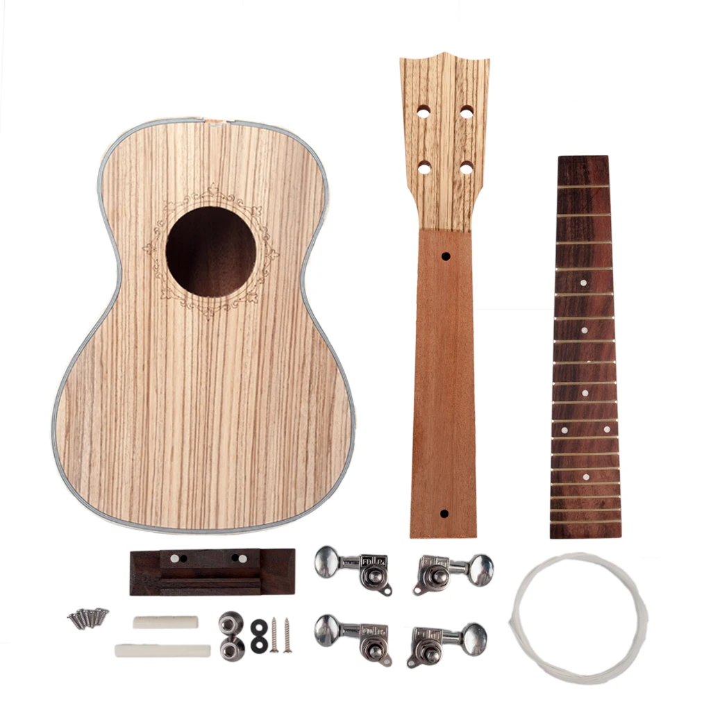 

23'' Ukulele DIY Ukulele Zebrawood Hawaii Guitar DIY Kit Sapele Wood Body Rosewood Fingerboard W/ Pegs String Bridge Nut