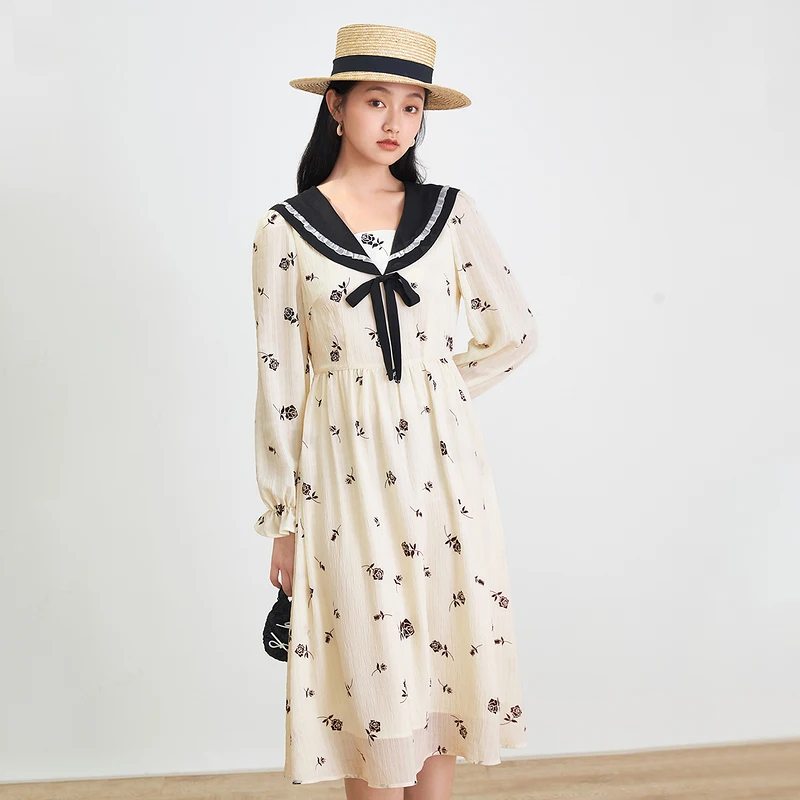 INMAN Autumn Spring Women's Dress Sweet Bow-Knot Tether Navy Collar Pastoral Printing Flared Cuffs A-Line Long Sleeve One-Piece