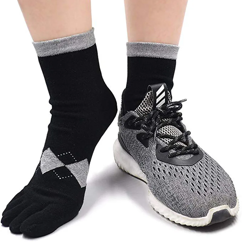 5 Pairs Short Business Socks Men's Plaid Five Finger Sock Cotton Middle Tube Anti Odor Jacquard Diamond Sports Split Toe Socks