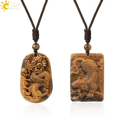 CSJA Natural Stone Yellow Tiger Eye Necklaces for Men Carving Fox Dragon Buddha Necklace Pendant Healing Energy Good Luck G716