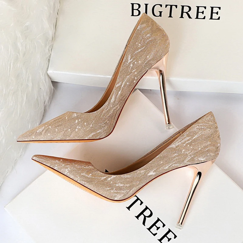 BIGTREE Shoes Woman Pumps Silver Champagne High Heels Stiletto Wedding Shoes Sequins Women Heels Fashion Ladies Shoes Party Shoe