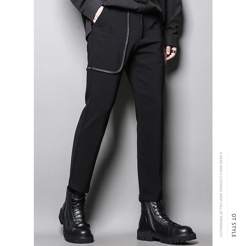 Men's Casual Capris Dark Personalized Design Asymmetric Design Hairdresser's Small Foot Straight Slim Suit Pants