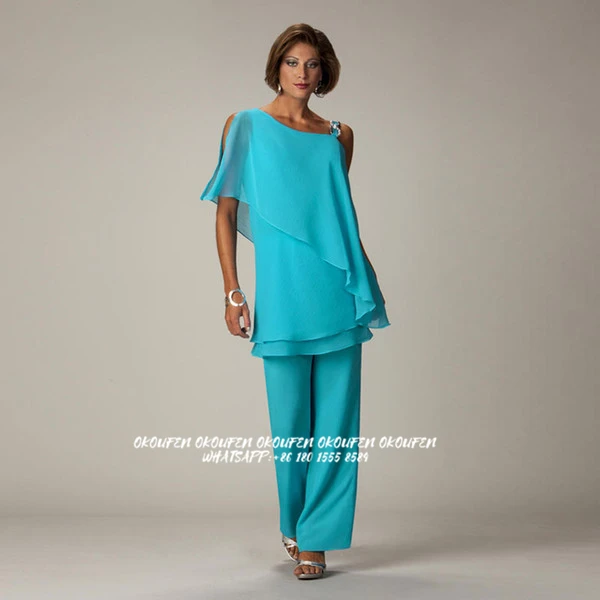 

Mother Of The Bride Groom Dresses Pantsuit Tiered Chiffon Pants Two Pieces Turquoise One Shoulder Women Wedding Guest Gowns 2024