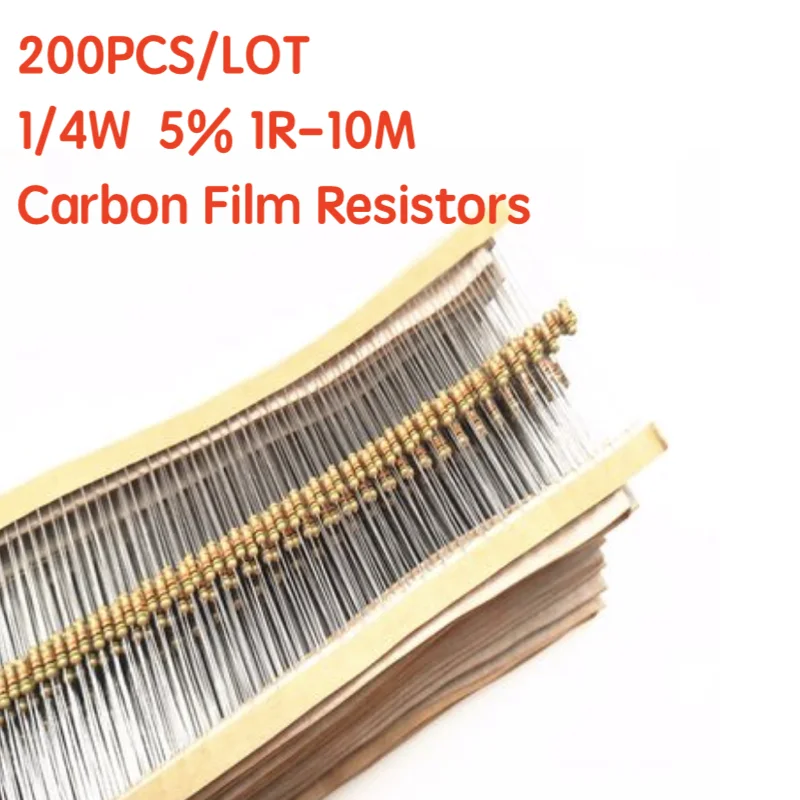 200PCS 1/4W Carbon Film Resistors 5% 1R-10M 10R 47R  56R 100R 220R 1K 4K7  6K8 100K 330K 560K 1M  ohm Color Ring Resistance