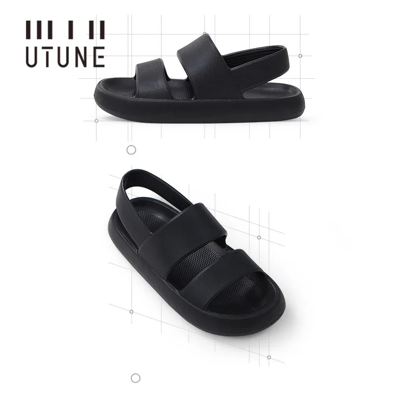 UTUNE Men\'s Sandals Summer Platform Shoes Women Beach Outside EVA Slippers Man Soft Thick Sole Non-slip Indoor Slides Cool Black