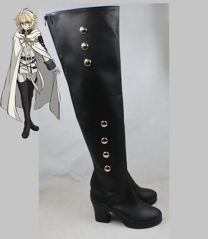 Anime Seraph Van De End Ferid Bathory Cosplay Schoenen Knielengte Pu Lederen Cosplay Laarzen Zwarte Hoge Hakken Rits- up Vrouwen Schoenen