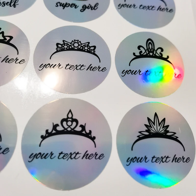 100pcs Personalized Custom Crown Laser Stickers Labels Customized Text Logo Wedding Princess Baby Holographic Invitations Seals