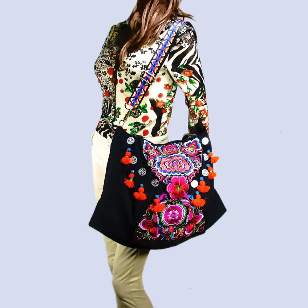 2-Usage Hmong Vintage Ethnic Tribal Thai Bohemian shoulder Messenger Tote Bag Handmade, Embroidery Pom Trim Bell SYS-568