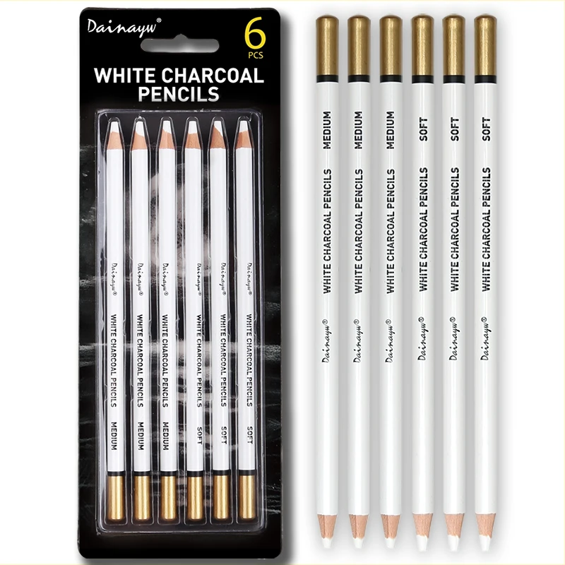 Dainayw White Charcoal Pencils Drawing Set, 6 Pcs Smooth Soft & Medium Sketching Pencil for Highlighting Art Supplies