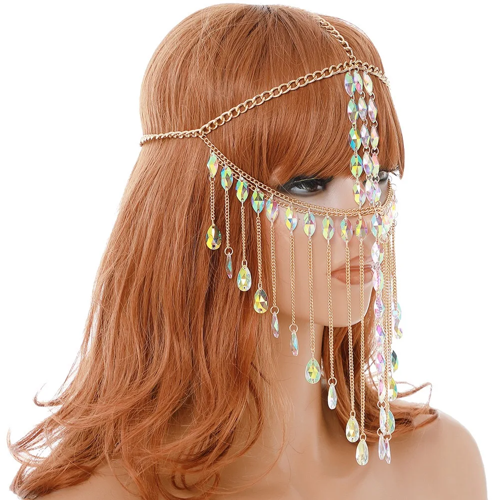 Ethnic Style Head Chain Vintage Metal Crystal Head Chain Tassel Acrylic Pendant Hair Chain Women Hair Hoop Accessories