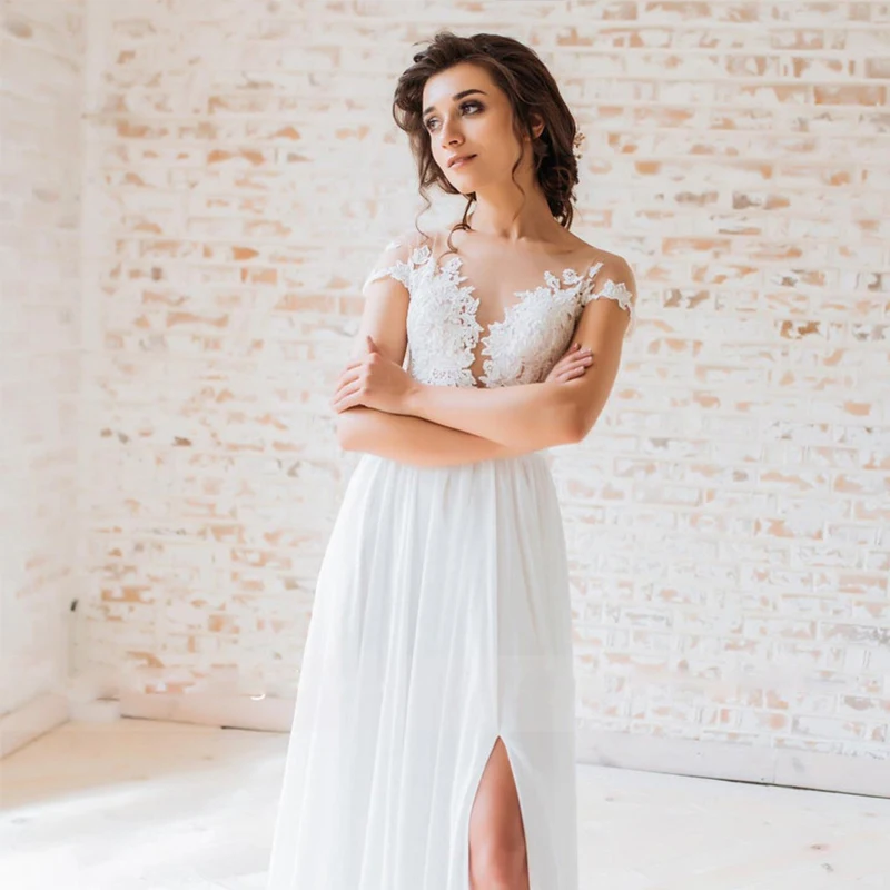 Sirene Wedding Dress Custom Made A Line Chiffon Boho Bridal  Gowns Long Sleeves Robe De Mariee See-through Appliques Beading