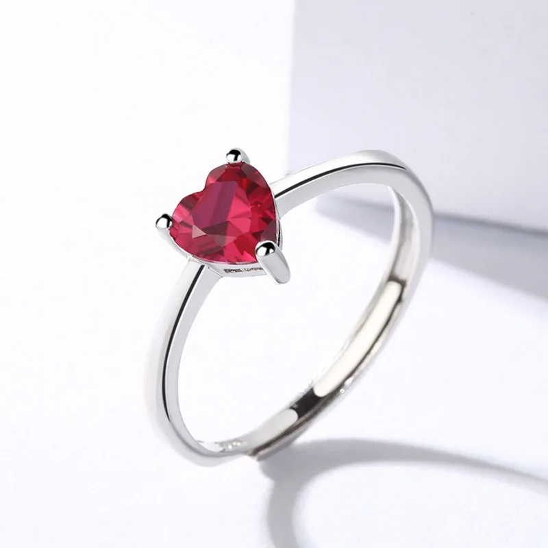 HuiSept Retro 925 Sterling Silver Ring Jewelry Heart-shaped Ruby Gemstone Open Rings Accessories for Women Wedding Engagement