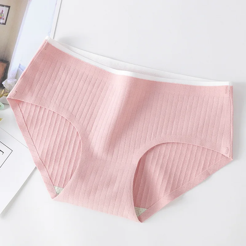 3Pcs Women's Underwear Cotton Seamless Stripes Panties Soild Color Skin- friendly Lingerie Woman Panty Low Waist M-XL Plus Size