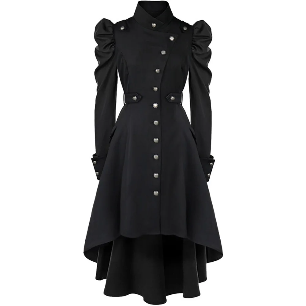 2024 Gotische Britse Stijl Jas Voor Vrouwen Middeleeuwse Steampunk Effen Kleur Onregelmatige Stand Kraag Jurk Halloween Vrouwelijke Outwear