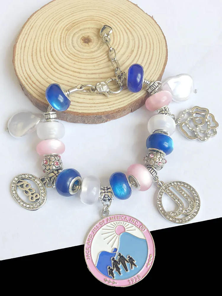 Handmade Pink Blue Large Hole Beads Jack&Jill Women\\\'s Club 1938 Charm Bracelet Jewelry