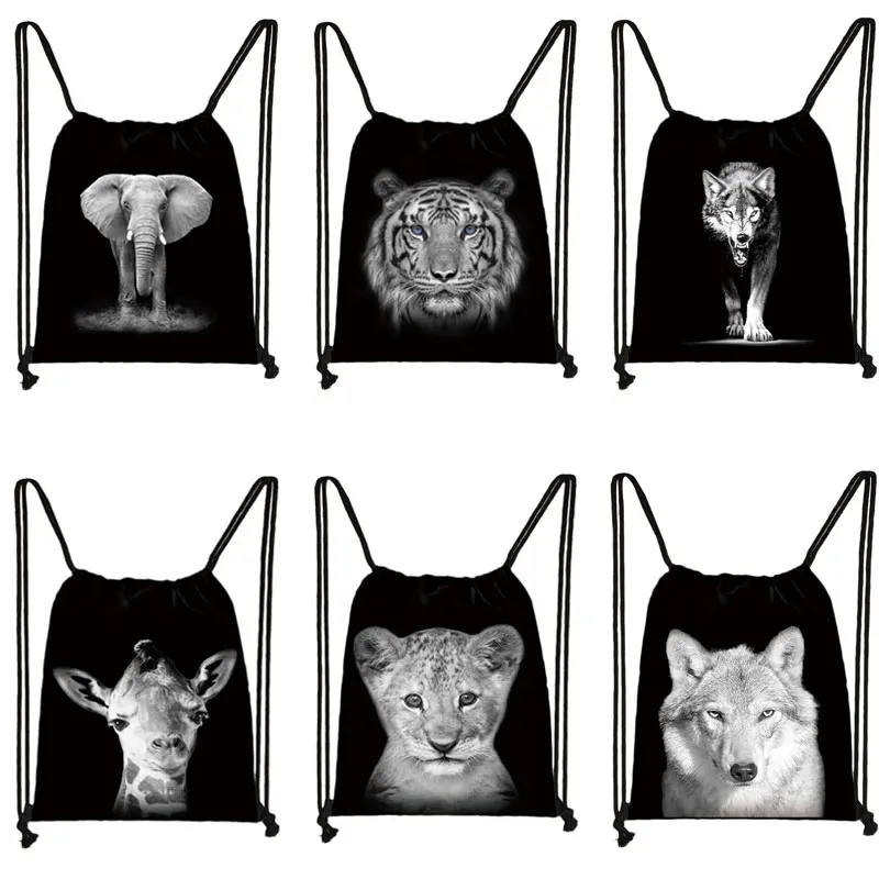 Black White Wild Animals Print Drawstring Bag Men Storage Cool Boys Tiger Wolf  Lion Backpack  Teenager Travel Bags Gift