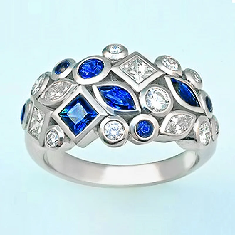 Huitan Gorgeous Women's Rings with Geometric Shaped Blue/White CZ for Party Daily Wear Luxury Accessories Birthday Gift for Mom