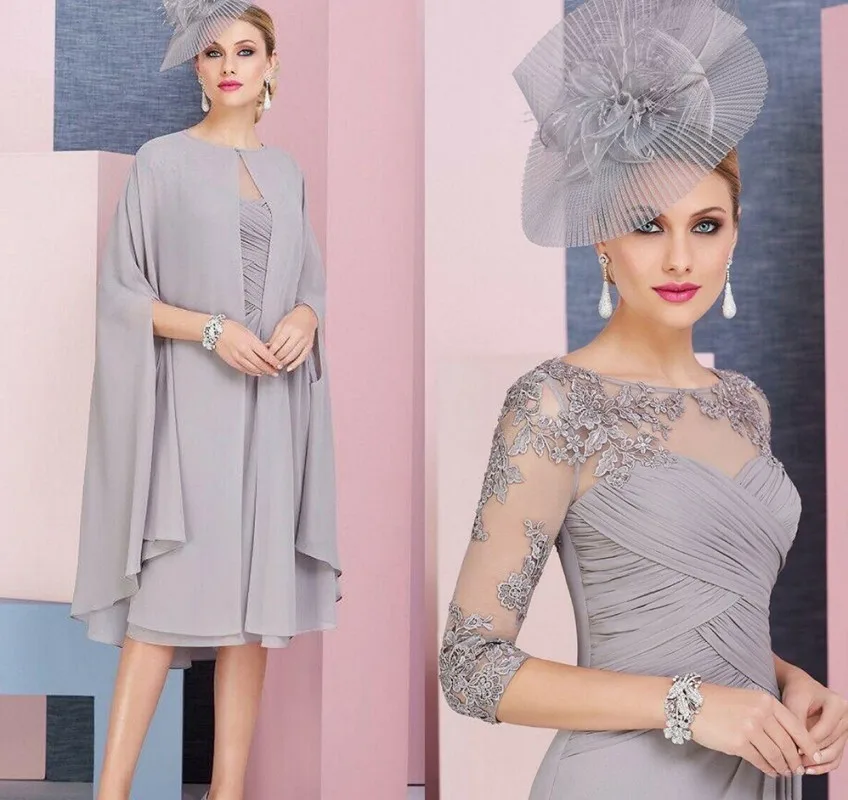 Grau Spitze Appliqued Mutter Der Braut Bräutigam Kleid Mit Cape Chiffon 2 Stück Hochzeit Zeremonie Abend Prom Kleider Formale