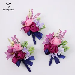 Lovegrace-pulsera de boda con flor rosa, ramillete de muñeca de dama de honor, flor de seda, Color Rojo