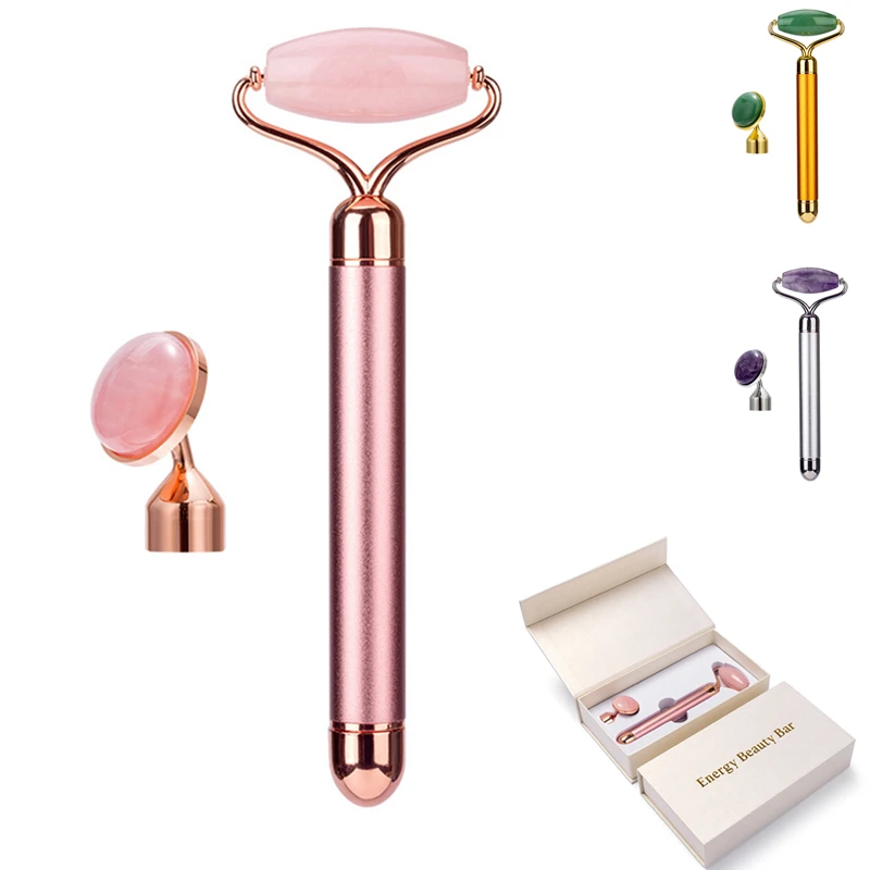 2 in 1 Electric Vibrating Natural Rose Quartz Jade Roller Face Lifting Crystal Jade Stone Facial Roller Beauty Massage Tool