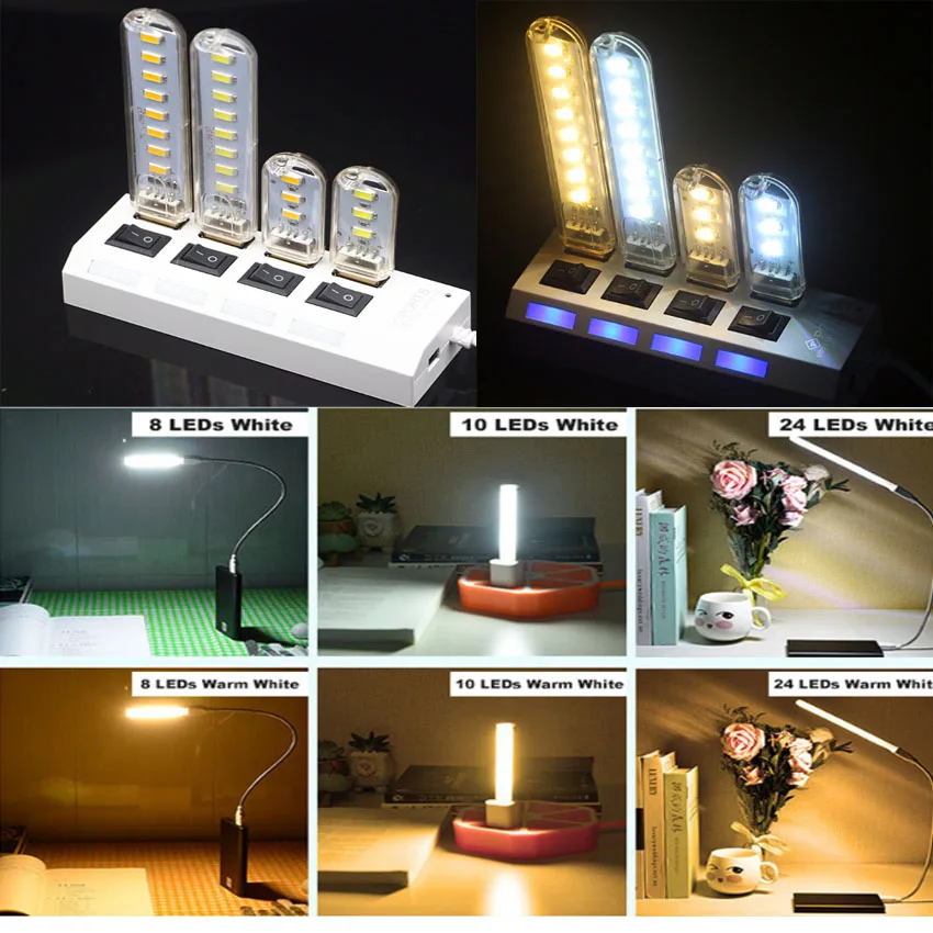 Portátil USB LED Desk Lamp, luz branca, lâmpada de leitura, SMD, resposta de emergência, DC 5V Power, branco quente, luz noturna