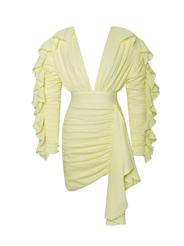 High Quality Celebrity Yellow Green Long Ruffles Sleeve Bodycon Dress Elegant Cute Dress Vestidos