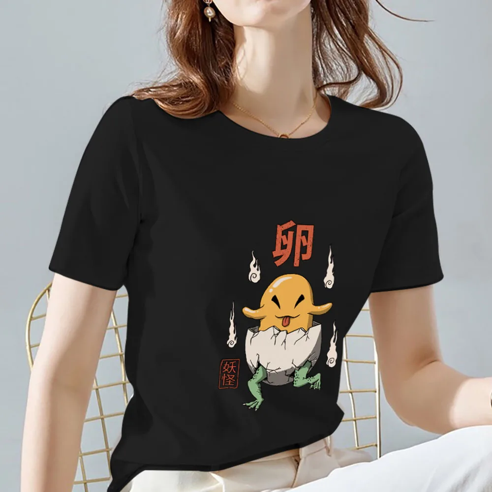 

Basic Women Clothing T-shirt Top Casual Commuter Black Funny Cute Egg Yolk Monster Pattern Printing Series O-neck Short-sleeved