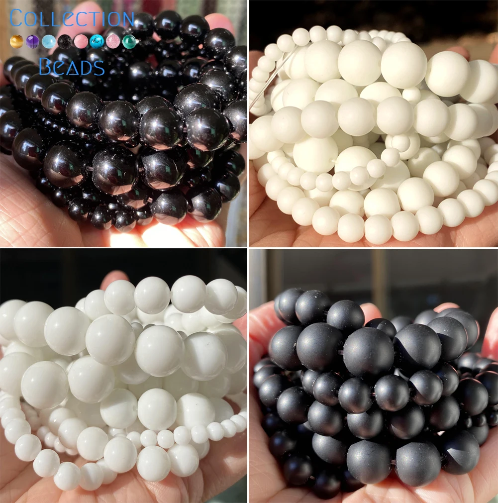 Natural Stone Beads 4/6/8/10/12mm White Black Dull Polish Matte Onyx Agates Smooth Round Beads for Jewelry Making DIY Bracelet