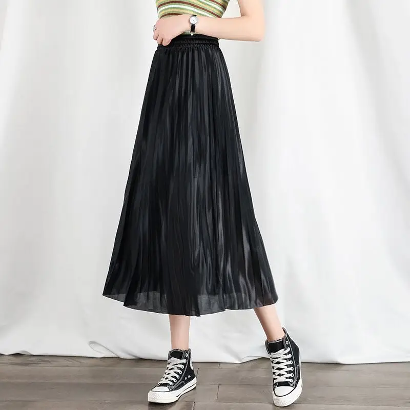 Women Casual Chiffon Pleated Skirts High Waist Elastic Midi Skirt With Lining Female Harajuku Black Bottoms Streetwear