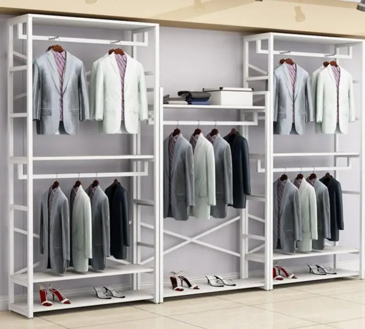 Clothing store display rack floor type double layer clothes rack men's and women's clothing store shelf display cabinet iron art