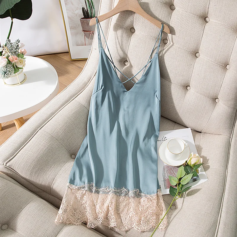 

Summer New Satin Nightgown Lace Patchwork Sleepwear Women Spaghetti Strap Nightdress Intimate Lingerie Sexy Bathrobe Nightwear