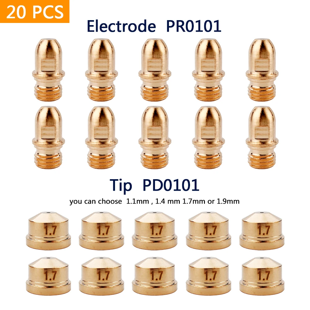 

PD0101 Tip ( 1.1 1.4 1.7 1.9mm ) 10PCS & PR0101 Electrode 10PCS A101 A141 Trafimet Type Plasma Cutting Torch Consumables Parts