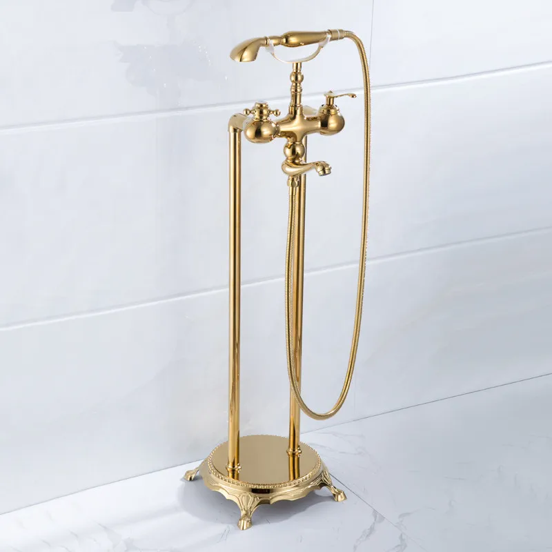 Bathtub Shower Faucets Set Solid Brass Hot & Cold Bath Mixer Taps With Handheld Floor Standing Type Rose Gold/Black/Chrome/White