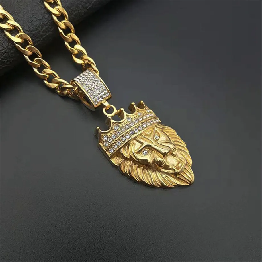 Hip Hop Full Iced Out Bling Lion Rhinestone Stainless Steel Cuban Chain Gold Color Pendants & Necklaces For Men Jewelry Dropship