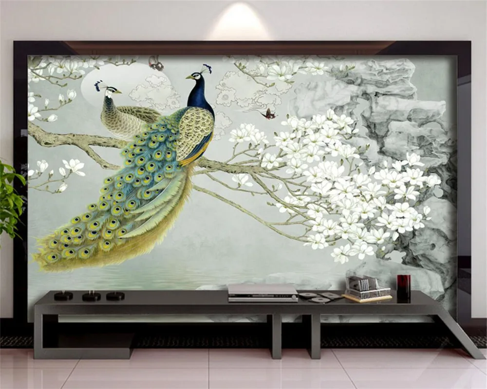 Beibehang  Custom wallpaper 3D White Magnolia Flower rockery Peacock  European TV background walls 3d wallpaper papel de pared