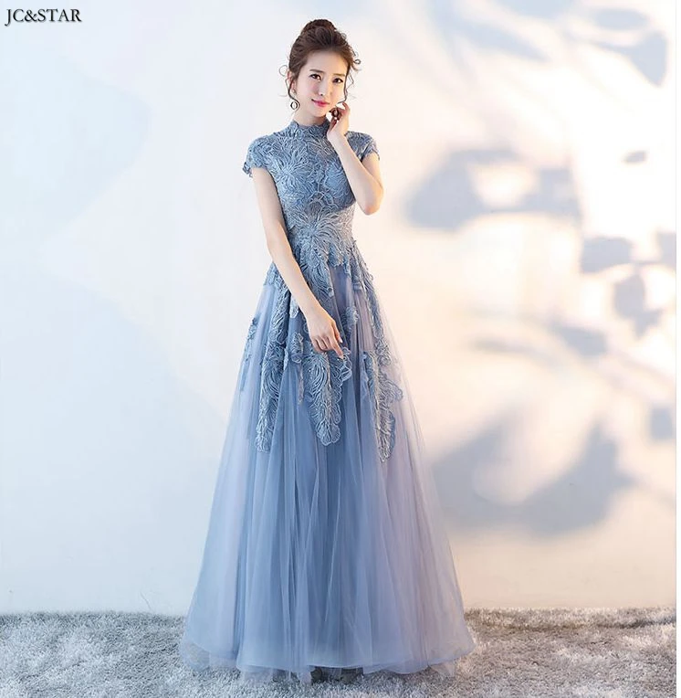 dusty blue bridesmaid dresses tulle applique high neck short sleeve A Line adult wedding party gowns long robe fille d’ honneur