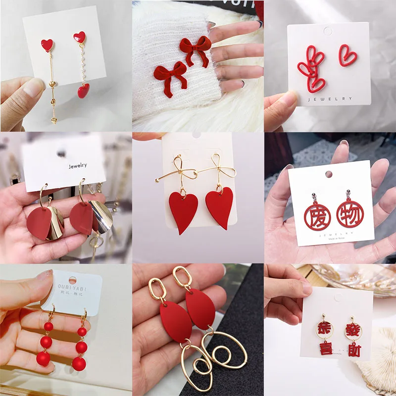 Red Pearl Geometric Hanging Earrings for Women Elegant Drop Earrings Heart Pendants Earrings Fashion Trendy Wholesale Earrings