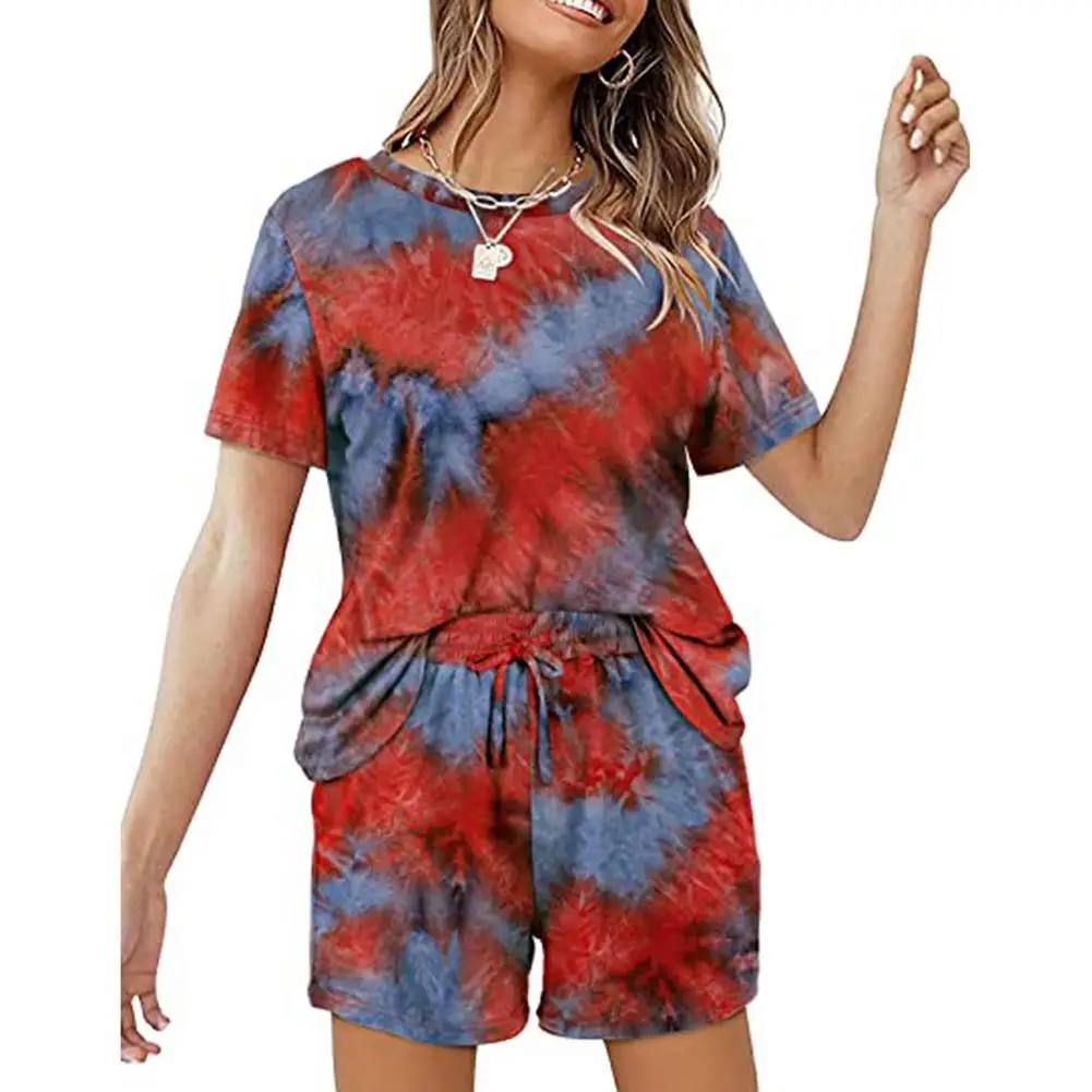 Women 2PC T-shirt/shorts Set Loose Tie-Dye Short Sleeve Tops Drawstring Lace-up Pants Homewear Lady Yoga Sport Tracksuit