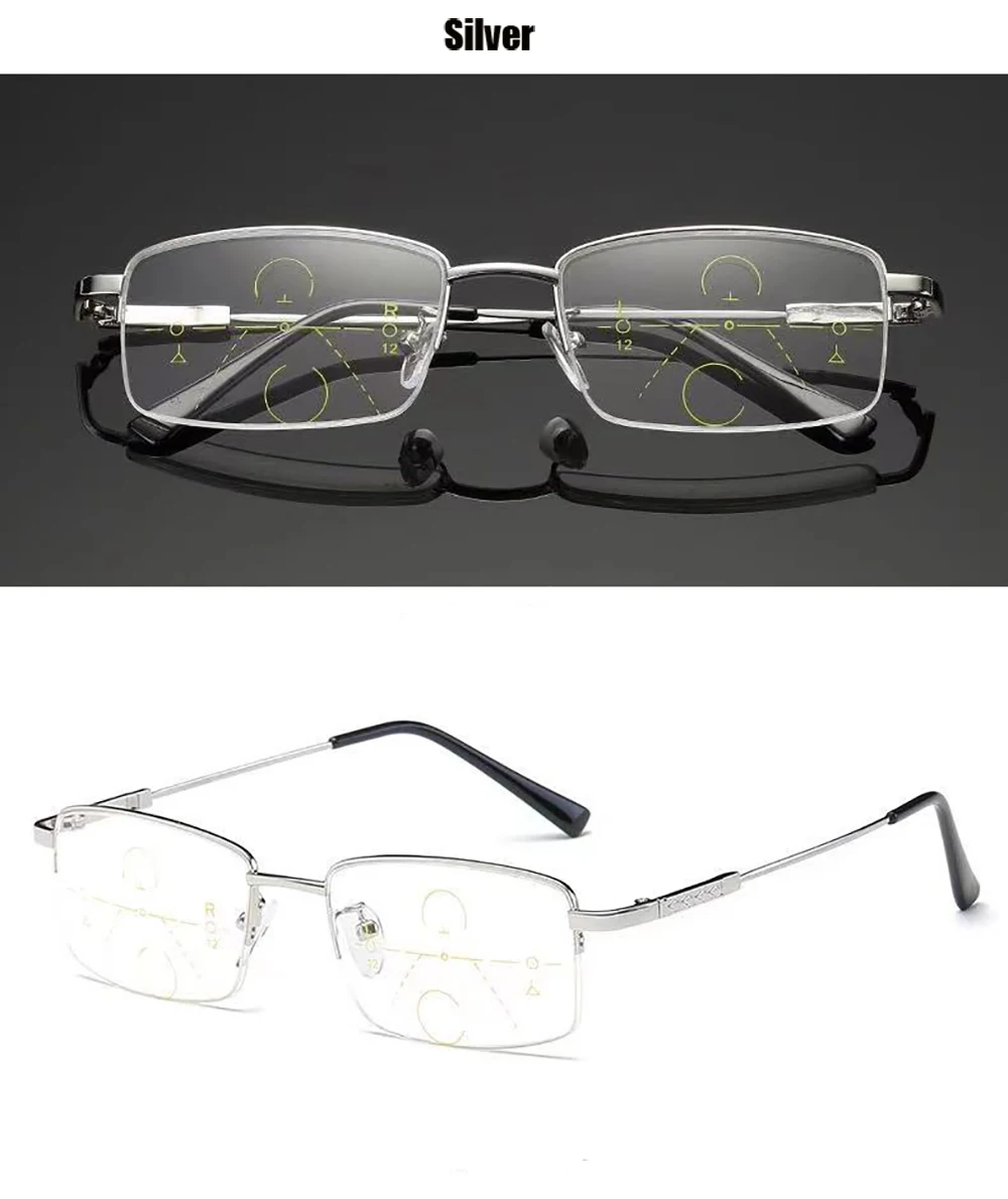 Progressive Herren-Brillengestell, multifokale Lesebrille, Anti-Blaulicht-Brille, Nah-Fernsicht-Glasse Previousadras de Metal + 4 – Detail 5